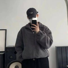 Zip Up Lapel Plush Corduroy Jacket