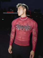 Sheer Gothic Print Slim Fit Pullover