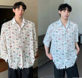 Butterfly Print Fringed Long Sleeve Shirt