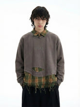 Plaid Patchwork Ripped Sweatshirt