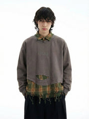 Plaid Patchwork Ripped Sweatshirt