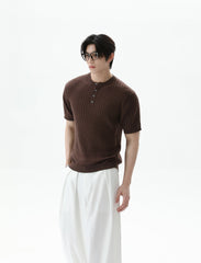Ribbed Knit Short Sleeve Henley Shirt