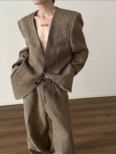 Retro Woven Suit Blazer and Wide-Leg Pants