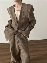 Retro Woven Suit Blazer and Wide-Leg Pants