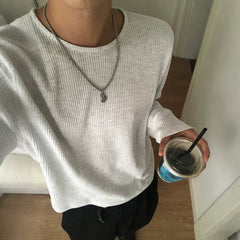 Waffle Knit Crew Neck Long Sleeve Pullover