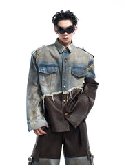 Damaged Denim Leather Patchwork Suit