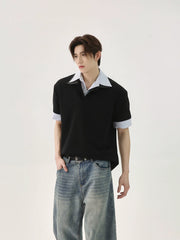 Patchwork Striped Loose Polo Pullover