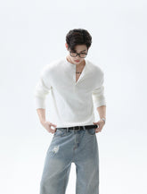 Ribbed Henley Collar Pullover