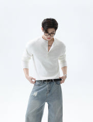 Ribbed Henley Collar Pullover