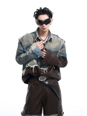 Damaged Denim Leather Patchwork Suit