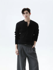 Ribbed Henley Collar Pullover