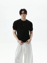 Ribbed Knit Short Sleeve Henley Shirt