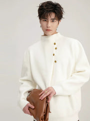Metal Button-Up Mock Neck Knit Sweater