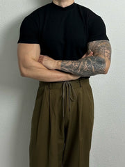 Ribbed Half Turtleneck Short Sleeve Pullover