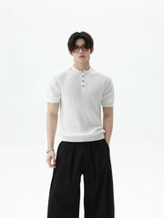 Ribbed Knit Short Sleeve Henley Shirt