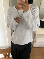 Waffle Knit Crew Neck Long Sleeve Pullover