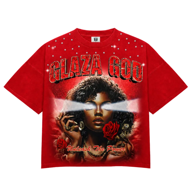 GLAZA GOD Flowers - Heavyweight Terry Oversized Tee- Red Hover Image