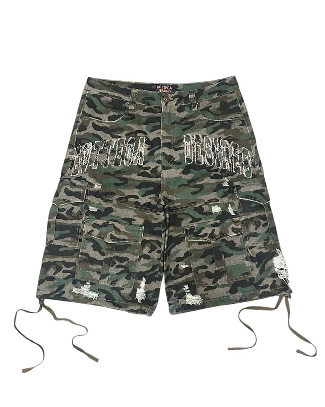 Bottega Desires Distressed Camo Cargo Shorts Green Hover Image