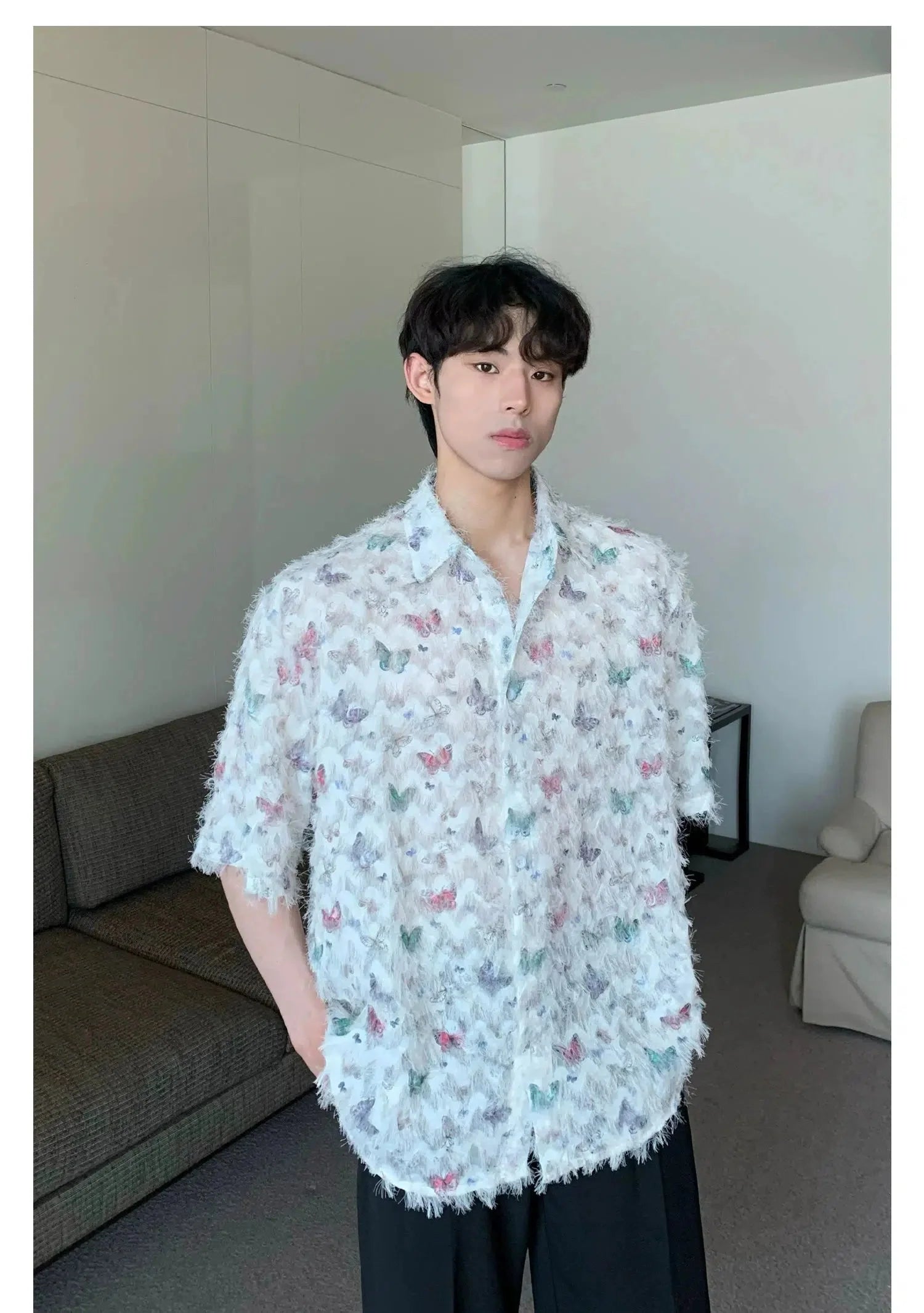 Butterfly Print Fringed Long Sleeve Shirt