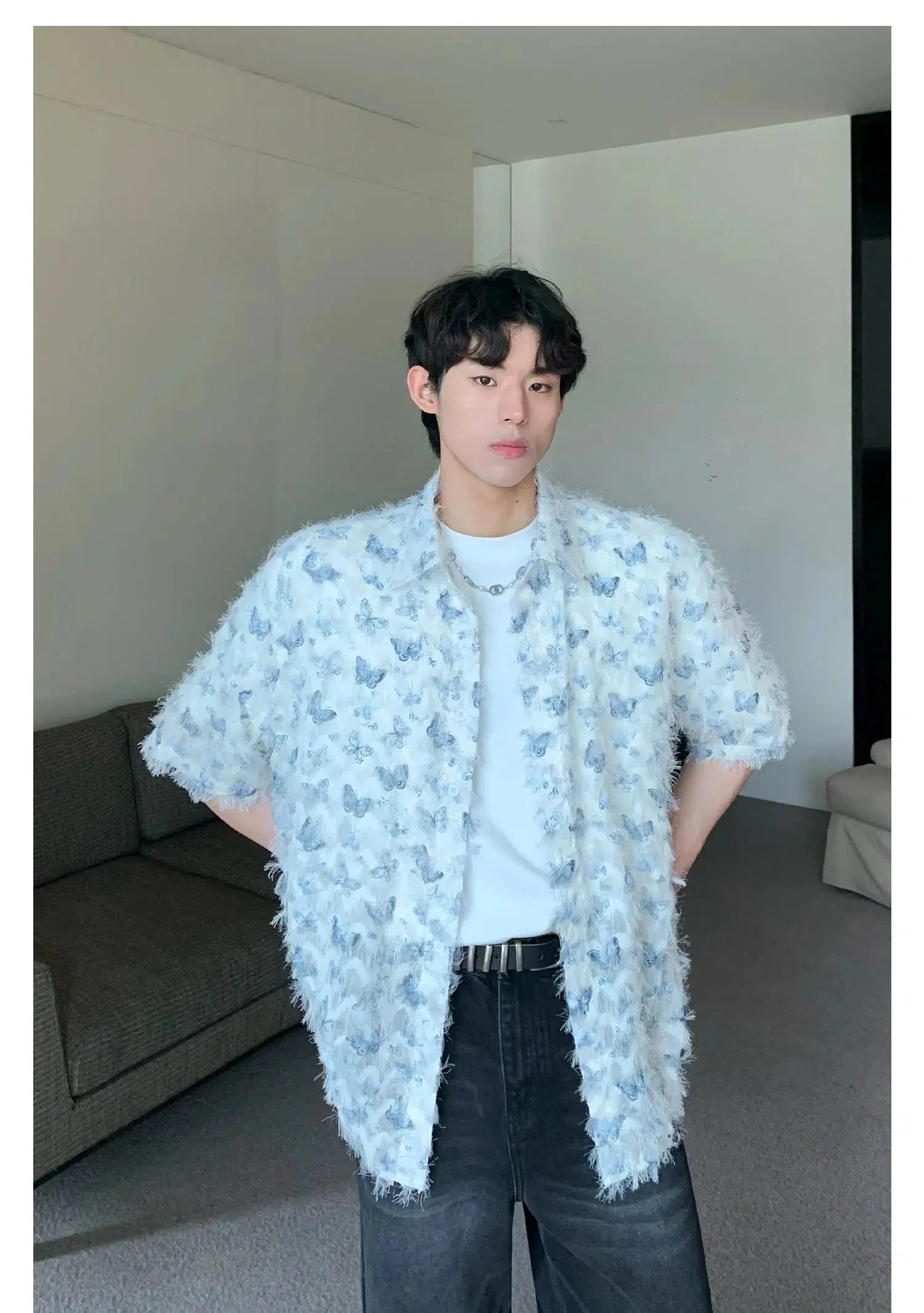 Butterfly Print Fringed Long Sleeve Shirt