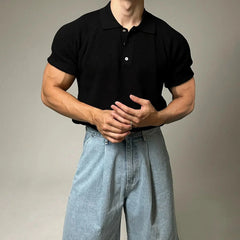 Button Placket Collared Knit T-shirt