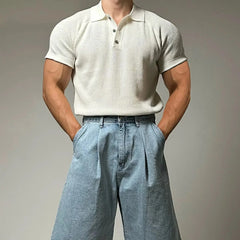 Button Placket Collared Knit T-shirt