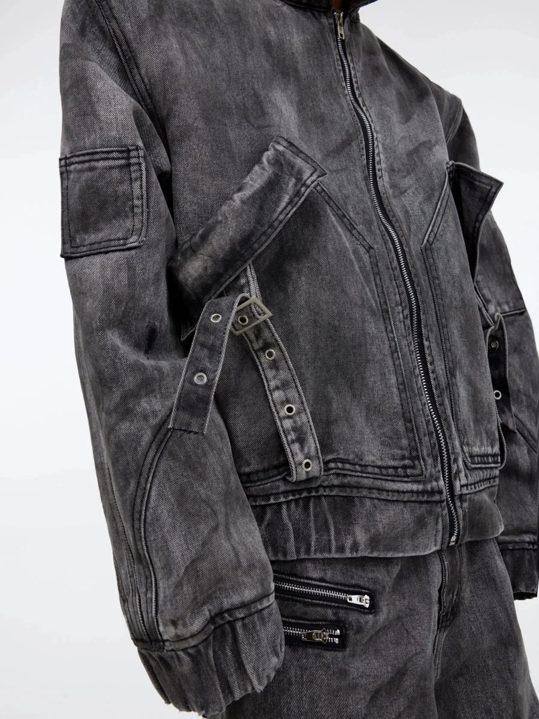 Distressed Zipper Denim Jacket and Pants