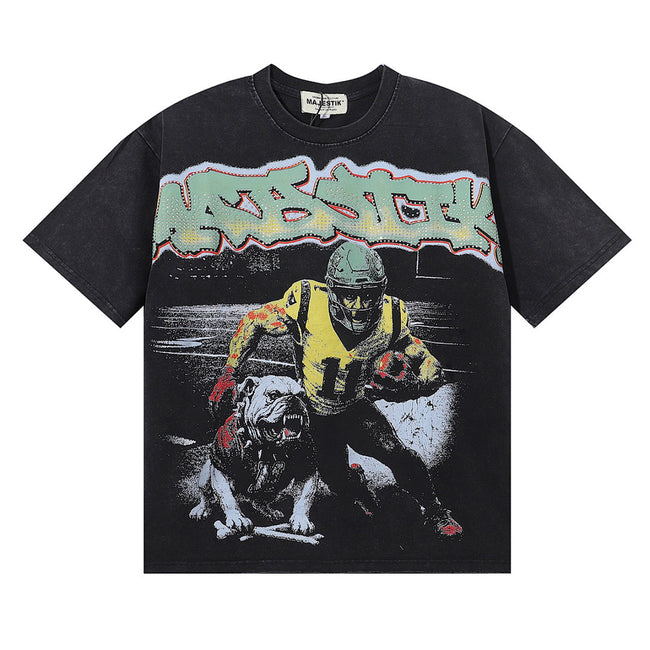 Majestik “Gridiron Dawg” Football Player & Bulldog Rhinestone Vintage Tee Hover Image