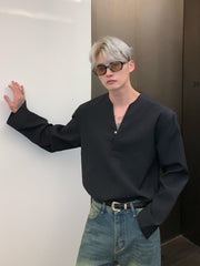 Long Sleeve V Neck Pleated Shirt