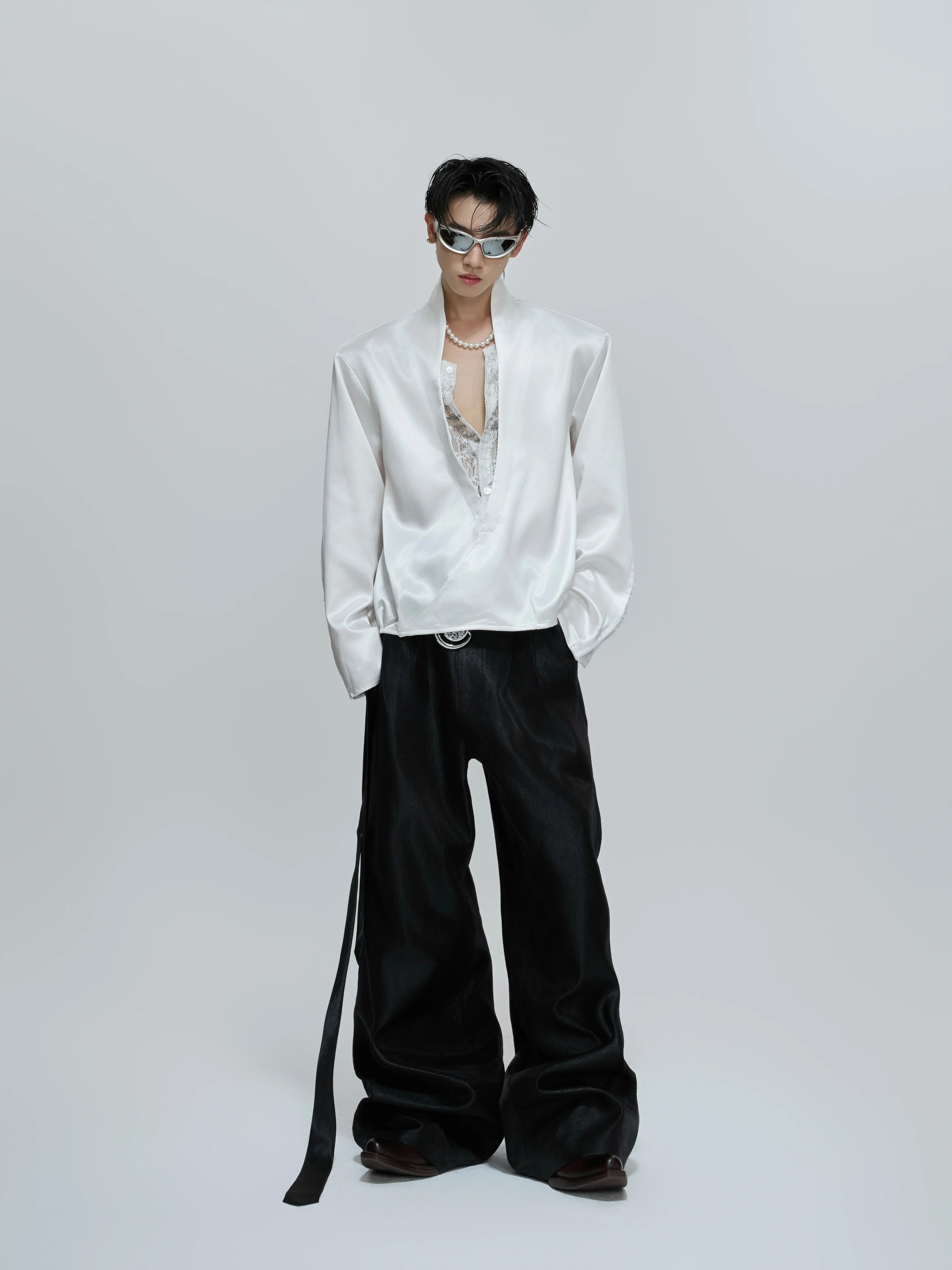 V-neck Satin Lace Loose Fit Shirt