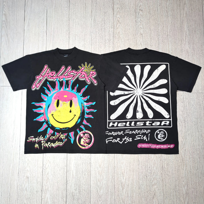 HELLSTAR Melting Smiley Sun Vintage Washed Short Sleeve Tee Black Streetwear T‑Shirt Hover Image