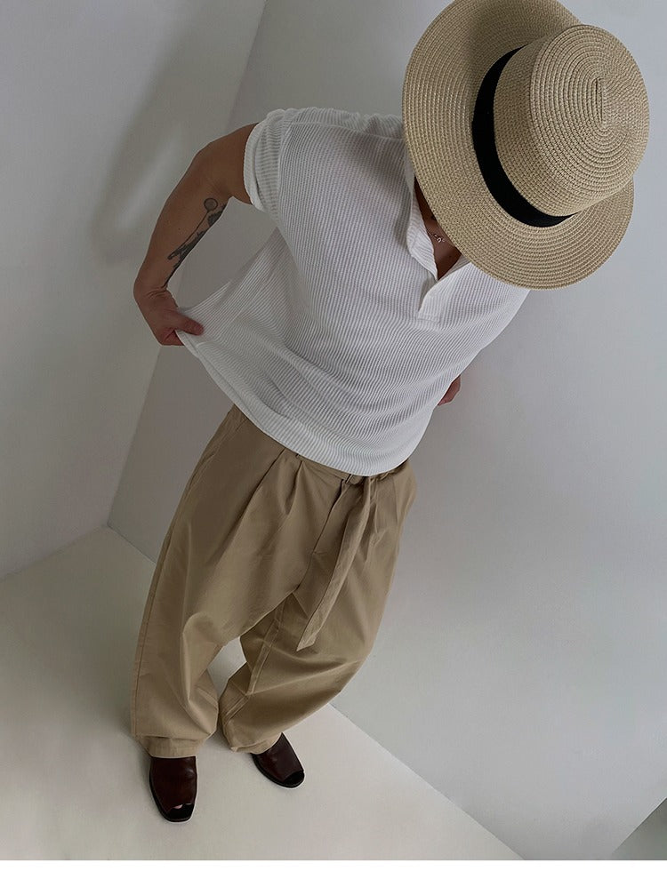 Henry Collar Ribbed Short Sleeve Pullover