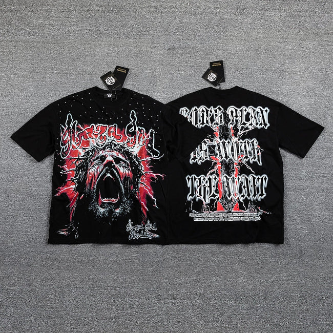 GLAZA GOD Men's Gothic Graphic Oversized T-Shirt – Dark Streetwear Double-Sided Print Casual Tee Hover Image
