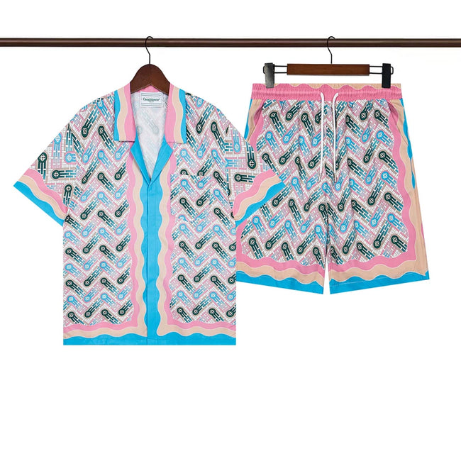 Casablanca Pink Blue Wavy Abstract Line Allover Print Shirt & Shorts Two Piece Set Hover Image