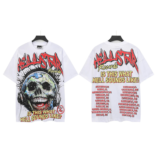 HELLSTAR Records Skull Tour Graphic Double‑Sided Vintage Short Sleeve Tee White Streetwear T‑Shirt Hover Image