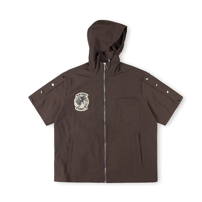 SAINT VANITY Short-Sleeve Full-Zip Hooded Jacket with Snap Sleeves - Brown Hover Image