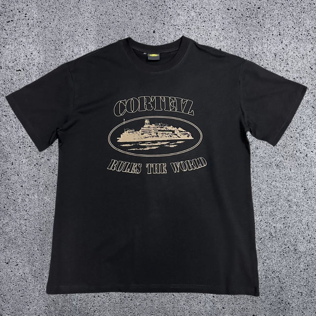 Corteiz "Rules The World" Alcatraz Graphic Tee (Black & Beige Edition) Hover Image