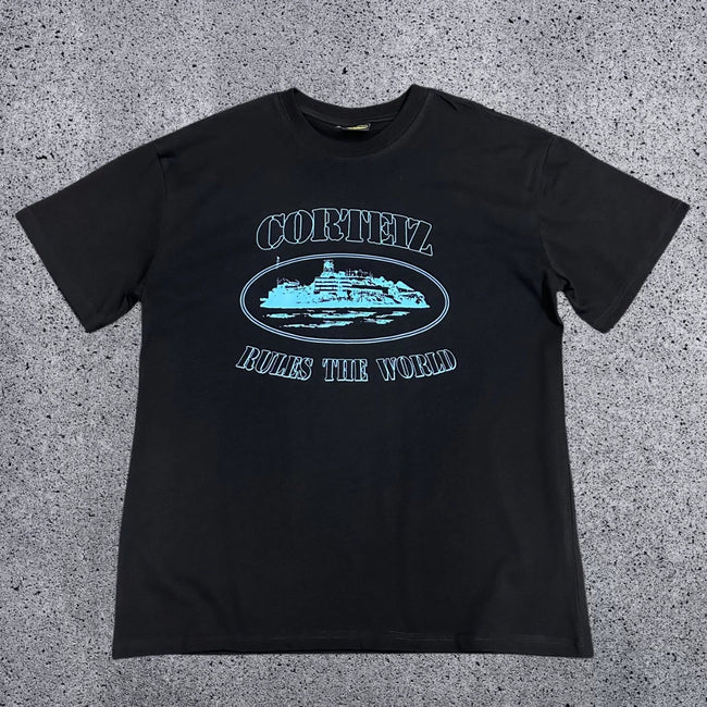 Corteiz "Rules The World" Alcatraz Graphic Tee (Black & Light Blue Edition) Hover Image