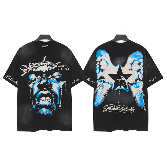 HELLSTAR Crown Of Thorns Blue‑Tone Portrait Wing Star Double‑Sided Short Sleeve Tee Black Streetwear T‑Shirt Hover Image