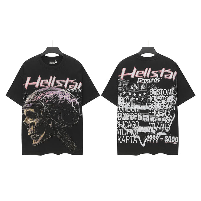 HELLSTAR Speedway Racer “Race Before Death” Double‑Sided Short Sleeve Tee Black Washed Streetwear T‑Shirt Hover Image