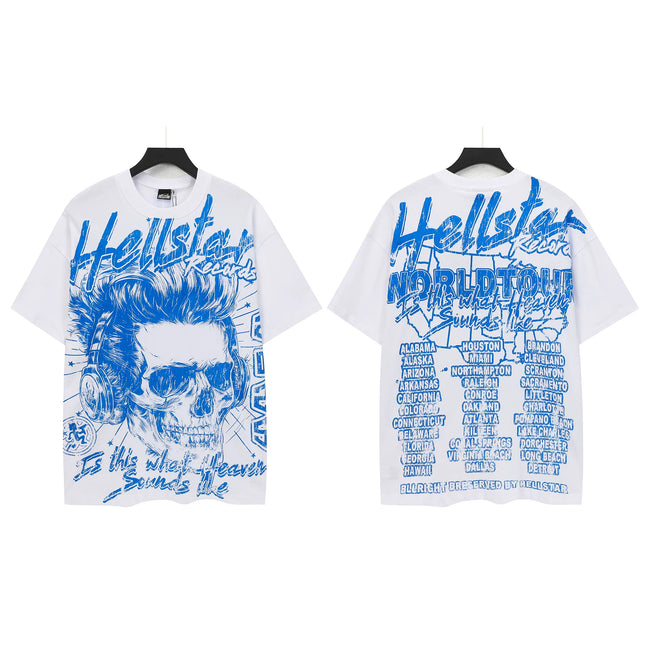 HELLSTAR World Tour Blue Sketch Skull Double‑Sided Short Sleeve Tee White Streetwear T‑Shirt Hover Image
