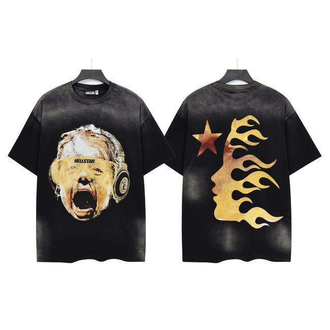 HELLSTAR Gold Foil Portrait Double‑Sided Vintage Washed Short Sleeve Tee Black Streetwear T‑Shirt Hover Image