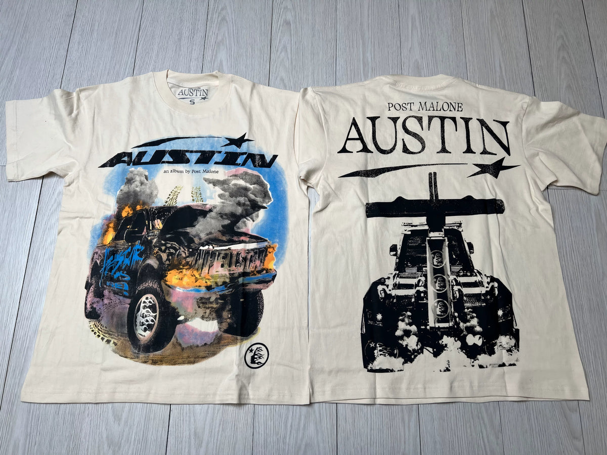 Post Malone Austin Monster Truck Vintage Washed Short Sleeve Tee Cream Streetwear T‑Shirt