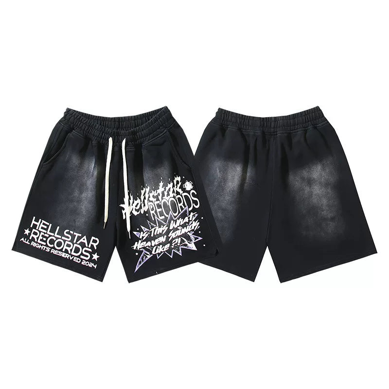 Hellstar Records Text Print Washed Black Streetwear Shorts