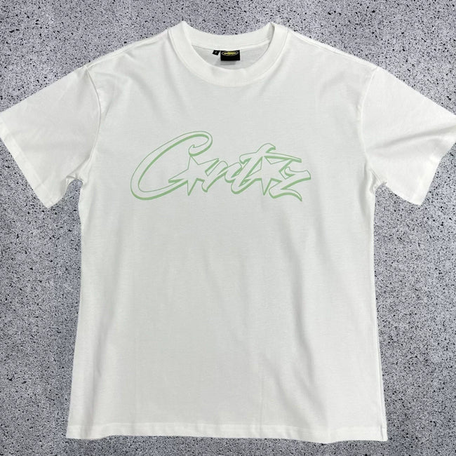 Mint Green Accent Star-Logo Graphic Tee - White & Green Streetwear T-Shirt Hover Image
