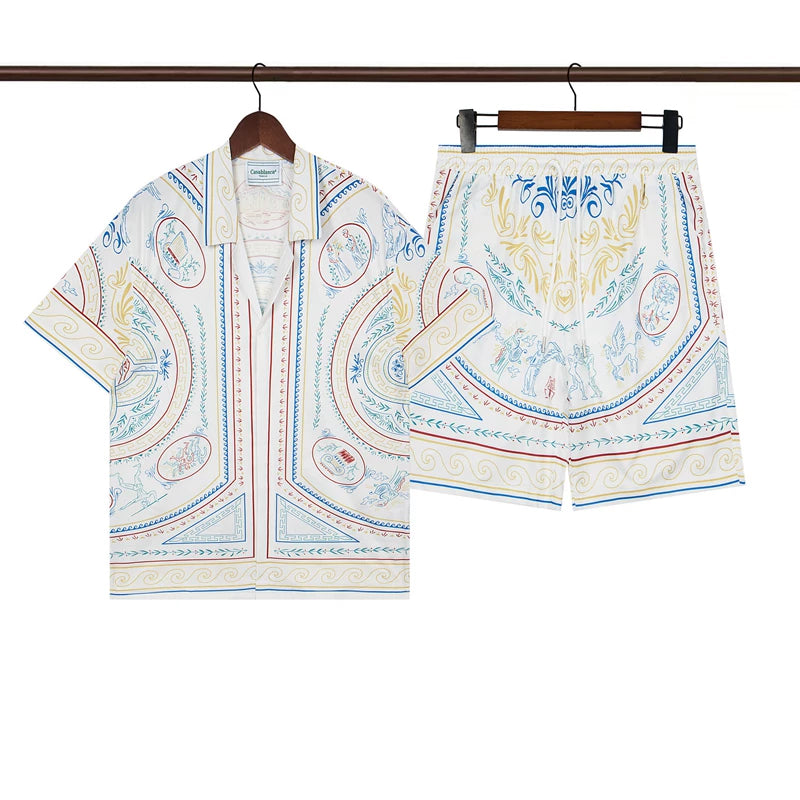 Casablanca White Base Vintage Scarf Paisley Allover Print Shirt & Shorts Two Piece Set