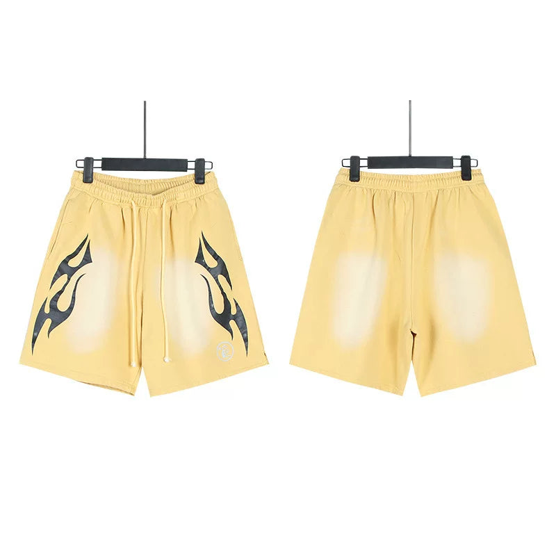 Hellstar Black Tribal Flame Graphic Washed Yellow Streetwear Shorts