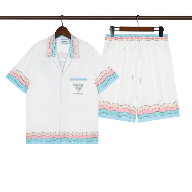 Casablanca White Base Pink Wavy Trim Tennis Logo Shirt & Shorts Two Piece Set Hover Image
