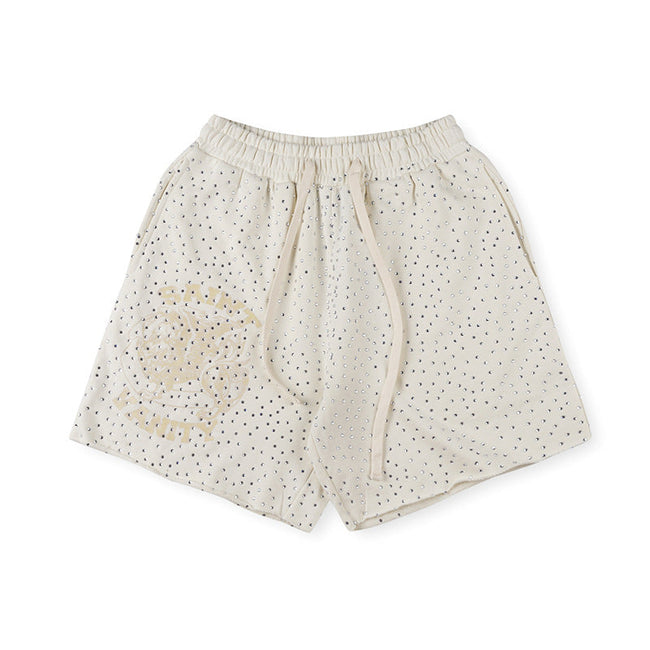 SAINT VANITY Rhinestone Embellished Graphic Casual Shorts - Cream / Off-White Hover Image