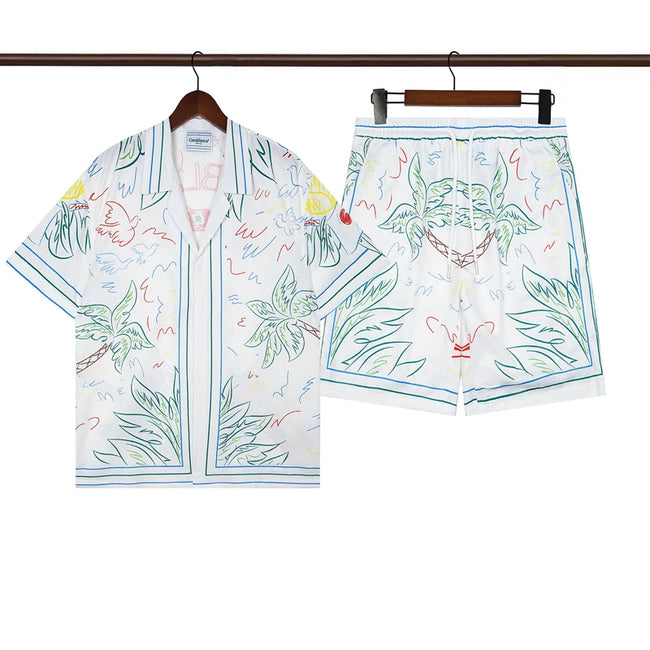Casablanca White Base Green Sketch Line Art Allover Print Shirt & Shorts Two Piece Set Hover Image